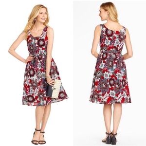 Talbots Red Bold Floral Sleeveless Scoop Neck Belted Tie Waist Cotton Pockets